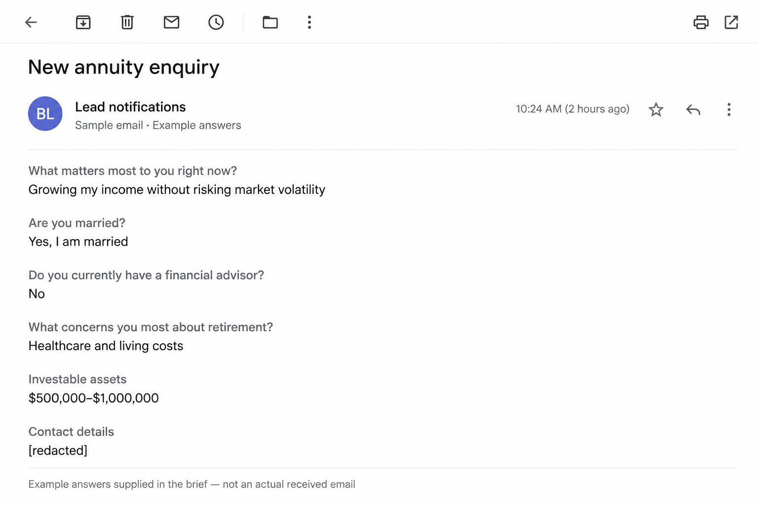 Recreated email with retirement questions and answers supplied in the brief
